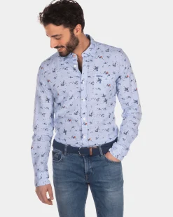 NZA New Zealand Auckland Bedrukt linnen katoenen overhemd lichtblauw -