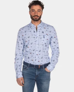 NZA New Zealand Auckland Bedrukt linnen katoenen overhemd lichtblauw -