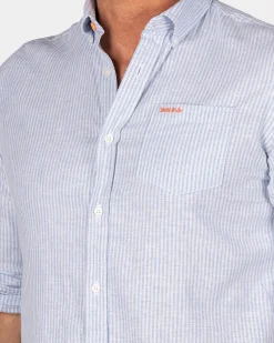 NZA New Zealand Auckland Blauw gestreept linnen overhemd