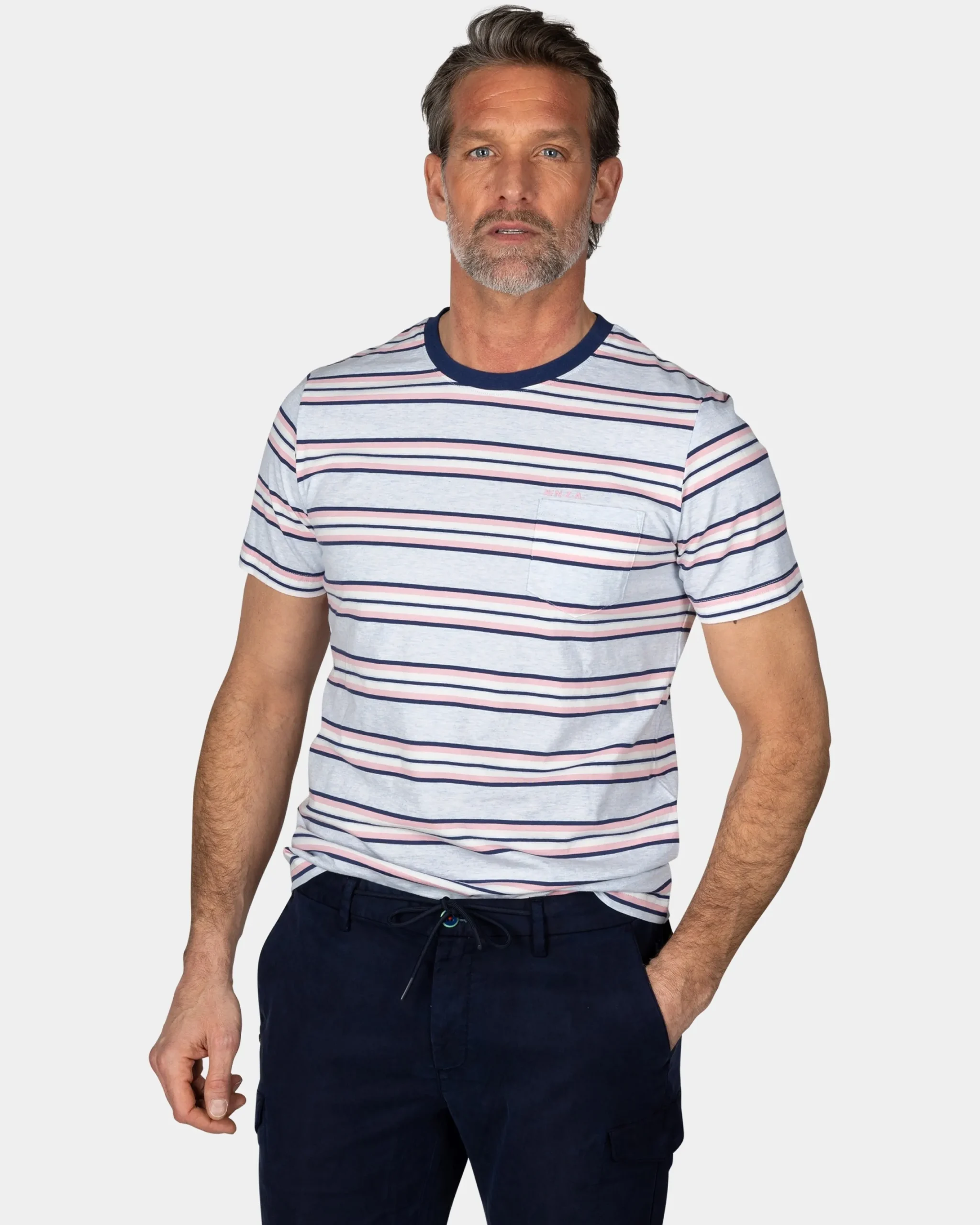 NZA New Zealand Auckland Blauw t-shirt met roze en witte streep