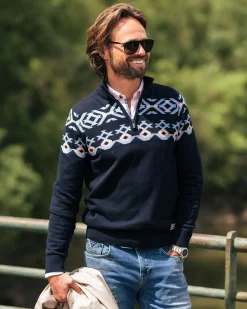 NZA New Zealand Auckland Blauwe katoenen trui met gebreid patroon