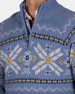 NZA New Zealand Auckland Blauwe pullover met halve rits en gekleurd motief -