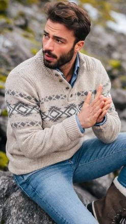 NZA New Zealand Auckland Bruine pullover met knopen en zwart motief -