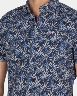 NZA New Zealand Auckland Donkerblauw overhemd met bladprint en korte mouw