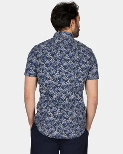 NZA New Zealand Auckland Donkerblauw overhemd met bladprint en korte mouw