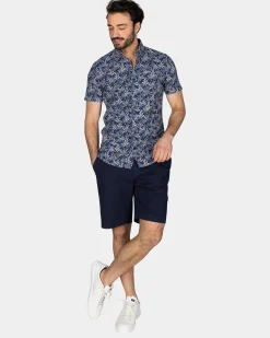 NZA New Zealand Auckland Donkerblauw overhemd met bladprint en korte mouw