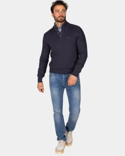 NZA New Zealand Auckland Donkerblauwe gebreide katoenen trui met knopen -