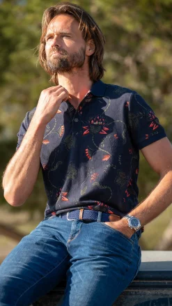 NZA New Zealand Auckland Donkerblauwe polo met bloemenprint -