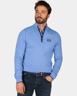 NZA New Zealand Auckland Fijngebreide blauwe trui met halve rits -