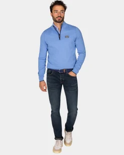 NZA New Zealand Auckland Fijngebreide blauwe trui met halve rits -