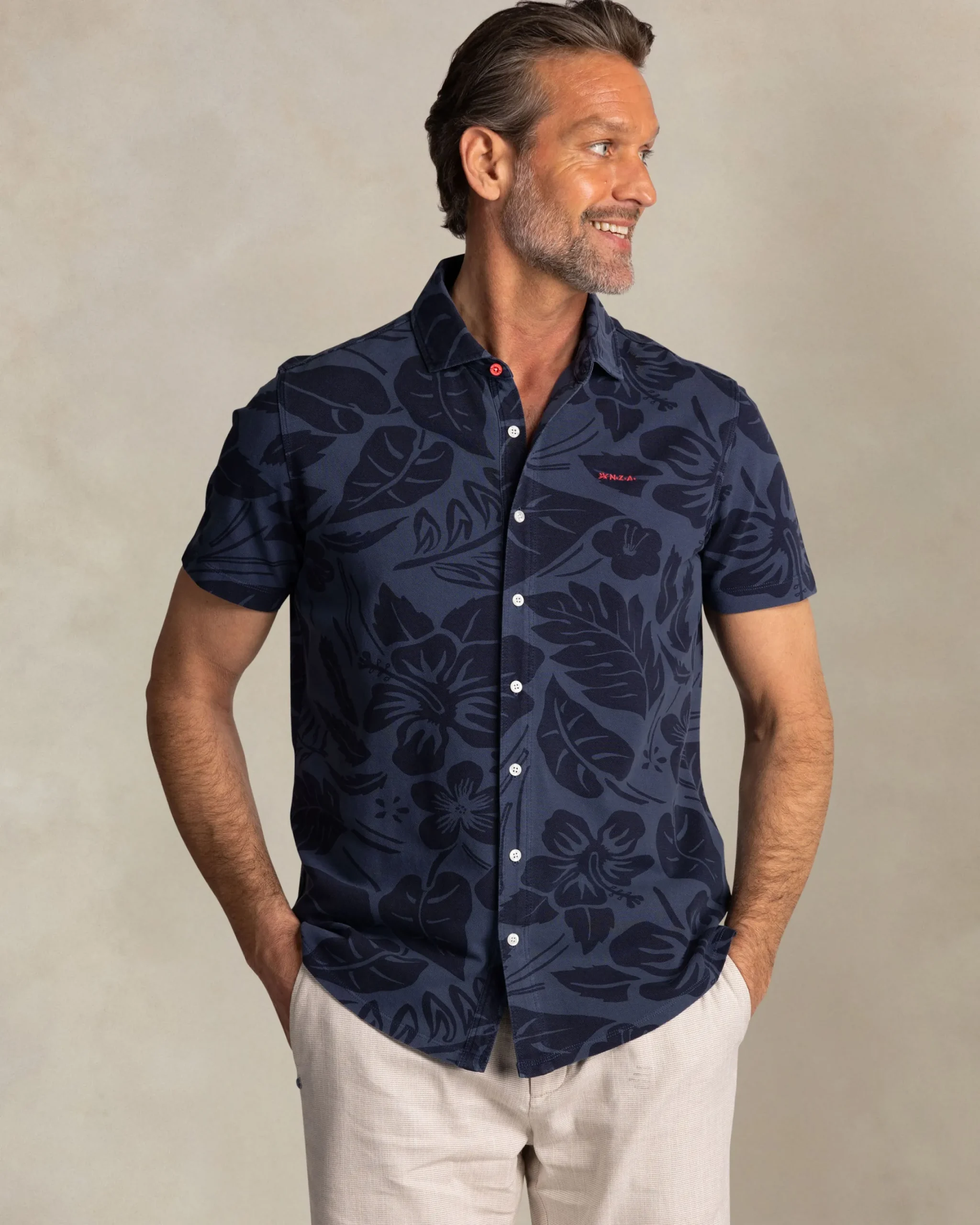 NZA New Zealand Auckland Grijsblauw overhemd met navy bloemenprint