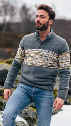 NZA New Zealand Auckland Grijze katoenen trui met geel zwarte print -