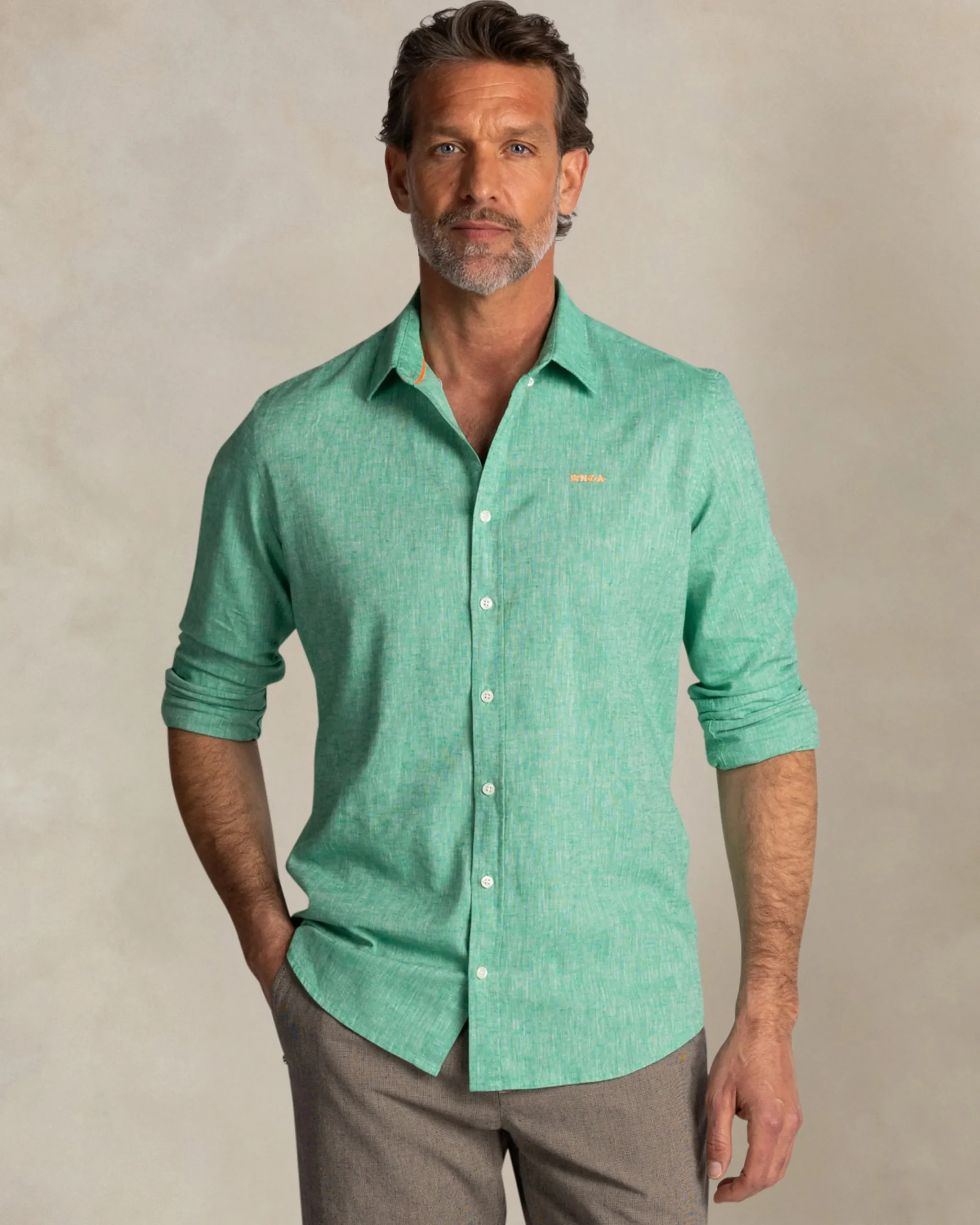 NZA New Zealand Auckland Groen katoen linnen overhemd met lange mouw