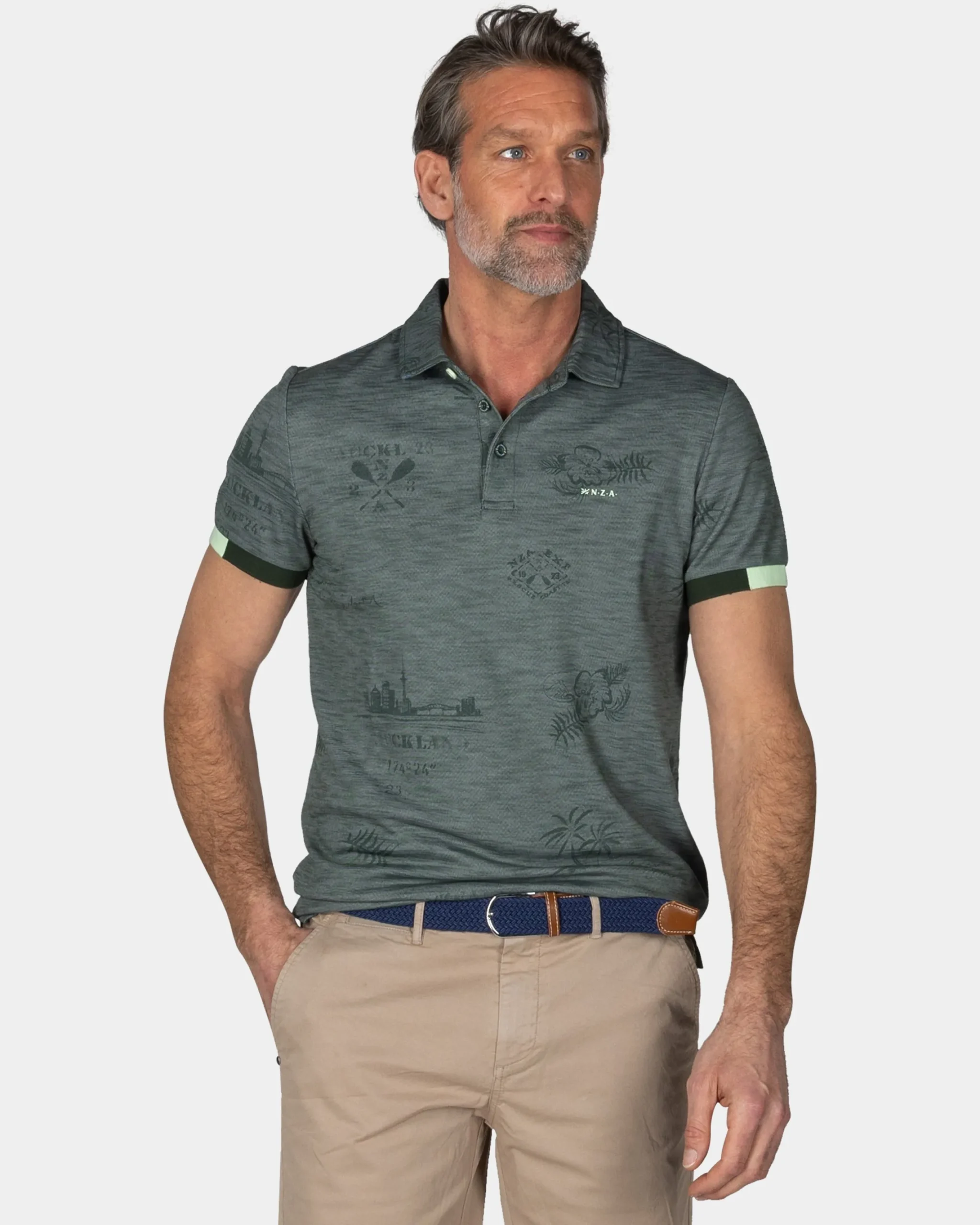 NZA New Zealand Auckland Groengrijze polo met bladprint