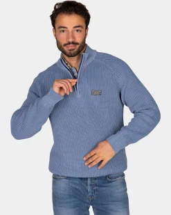 NZA New Zealand Auckland Grofgebreide blauwe trui met halve rits -