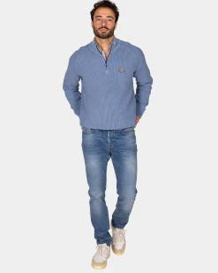 NZA New Zealand Auckland Grofgebreide blauwe trui met halve rits -