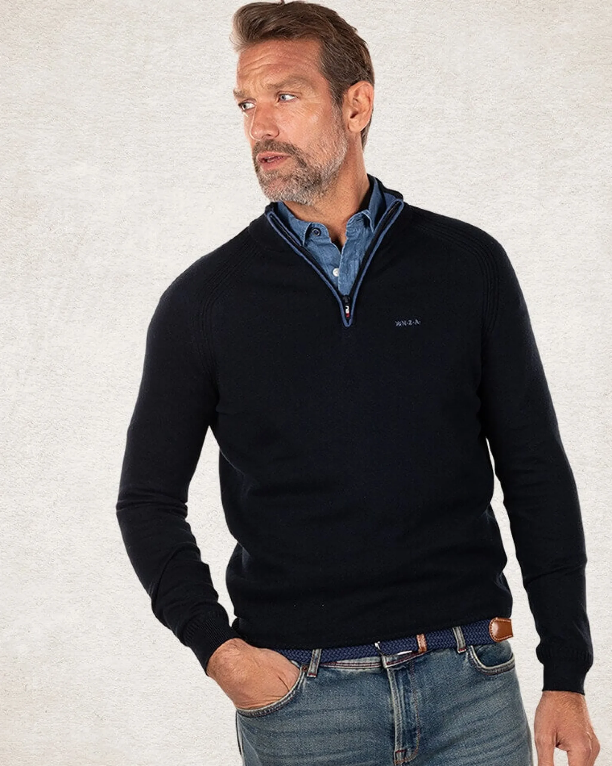 NZA New Zealand Auckland Katoen kasjmier trui met halve rits -