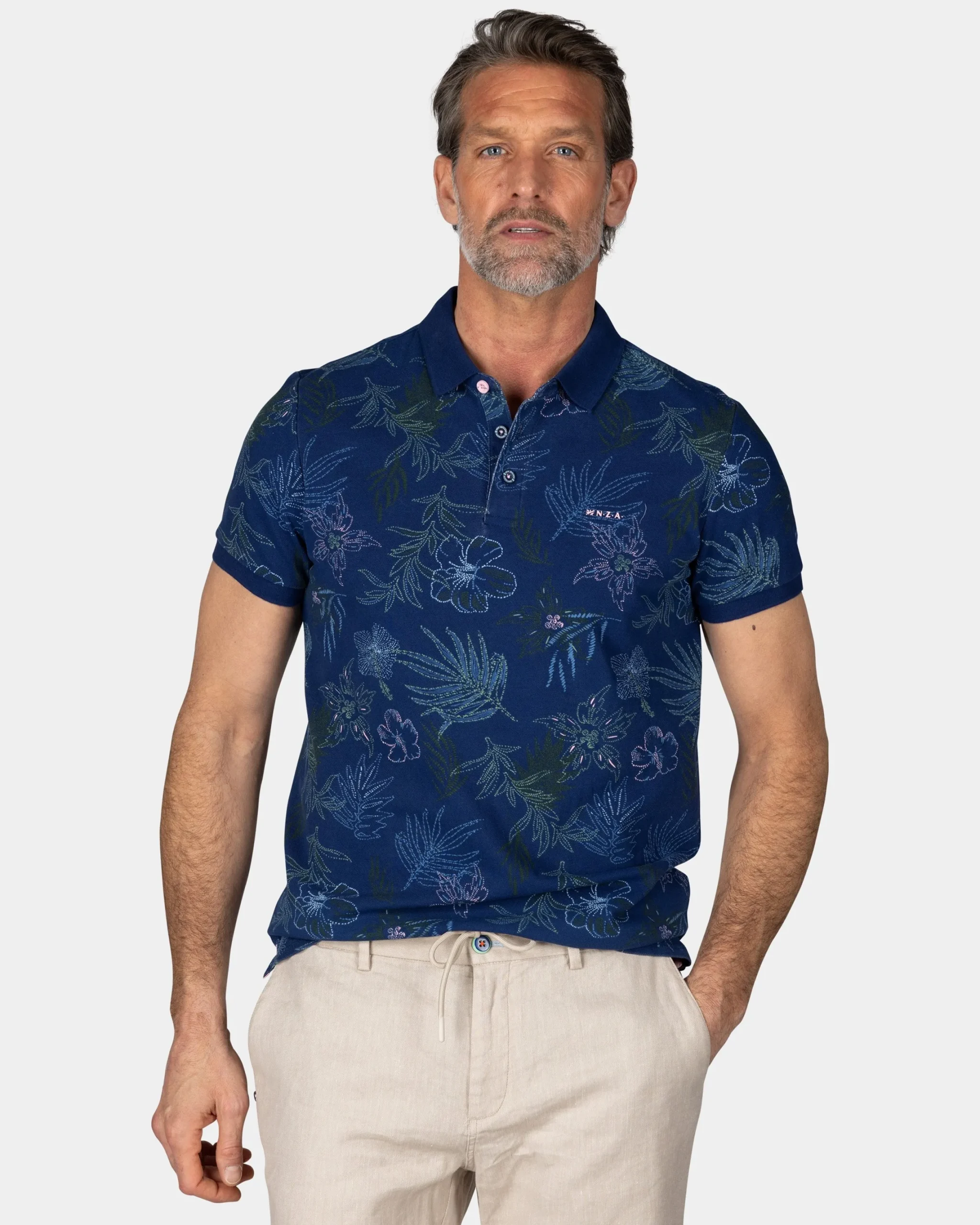 NZA New Zealand Auckland Katoenen navy polo met bladprint