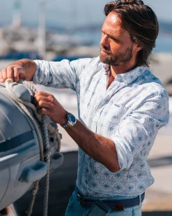 NZA New Zealand Auckland Lichtblauw geprint overhemd van linnen