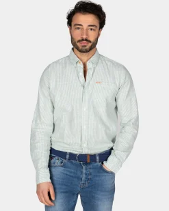 NZA New Zealand Auckland Lichtgroen gestreept linnen overhemd