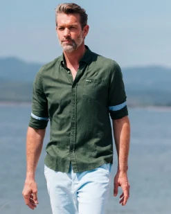 NZA New Zealand Auckland Linnen donkergroen overhemd met lange mouw