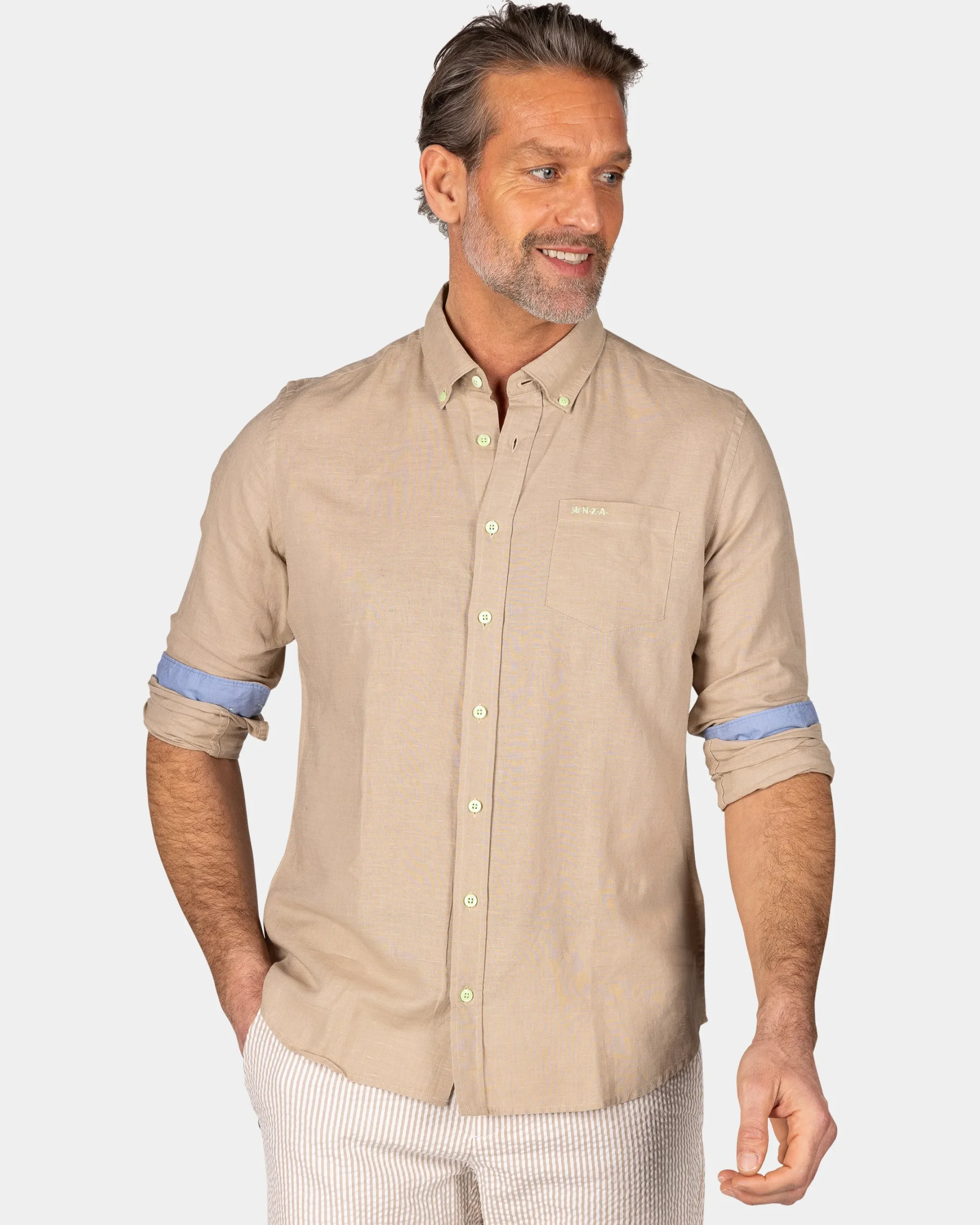 NZA New Zealand Auckland Linnen zandkleurig overhemd met lange mouw