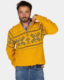 NZA New Zealand Auckland Okergele pullover met halve rits en gekleurd motief -