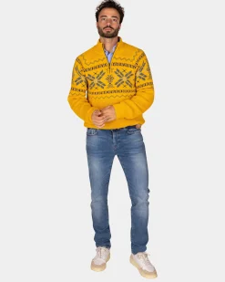 NZA New Zealand Auckland Okergele pullover met halve rits en gekleurd motief -