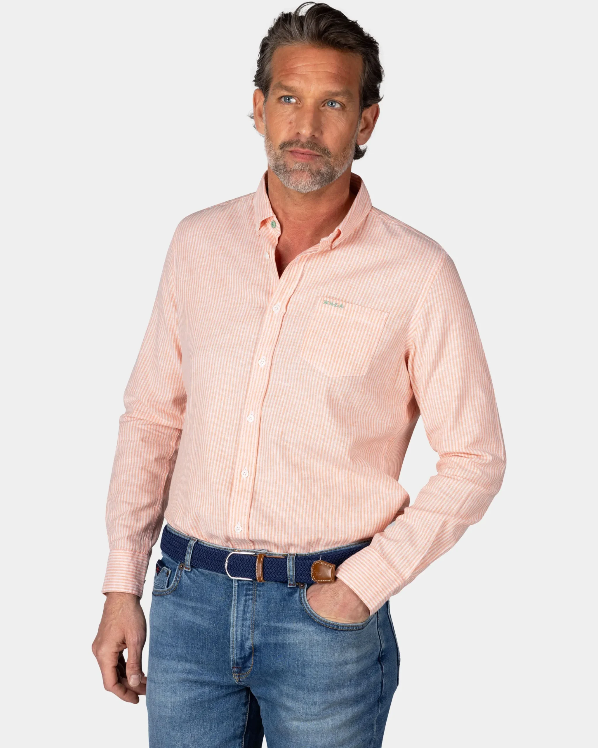 NZA New Zealand Auckland Oranje gestreept linnen overhemd