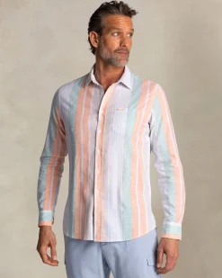 NZA New Zealand Auckland Oranje met groen gestreept linnen overhemd