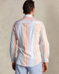 NZA New Zealand Auckland Oranje met groen gestreept linnen overhemd