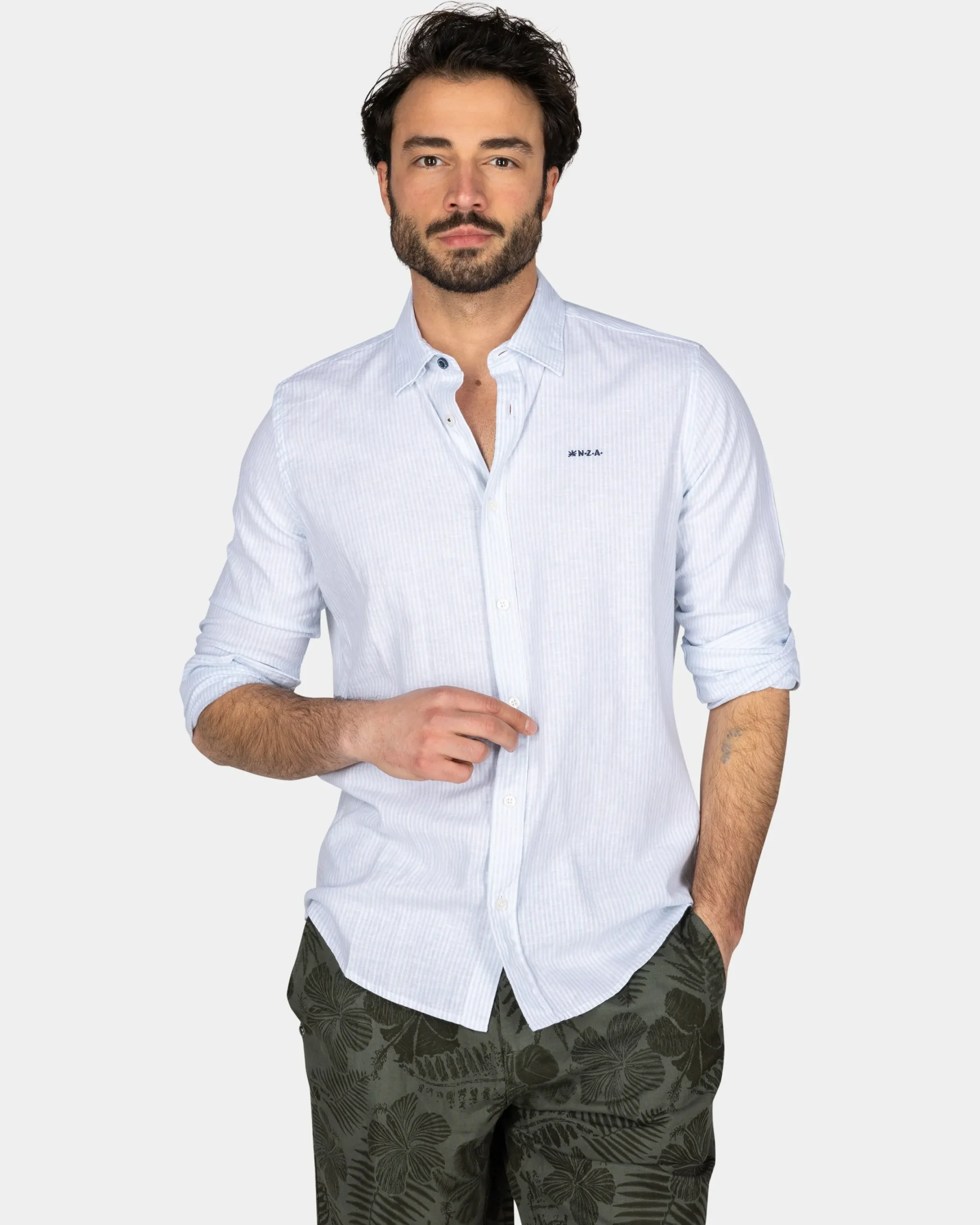 NZA New Zealand Auckland Pastelblauw linnen overhemd met elastaan