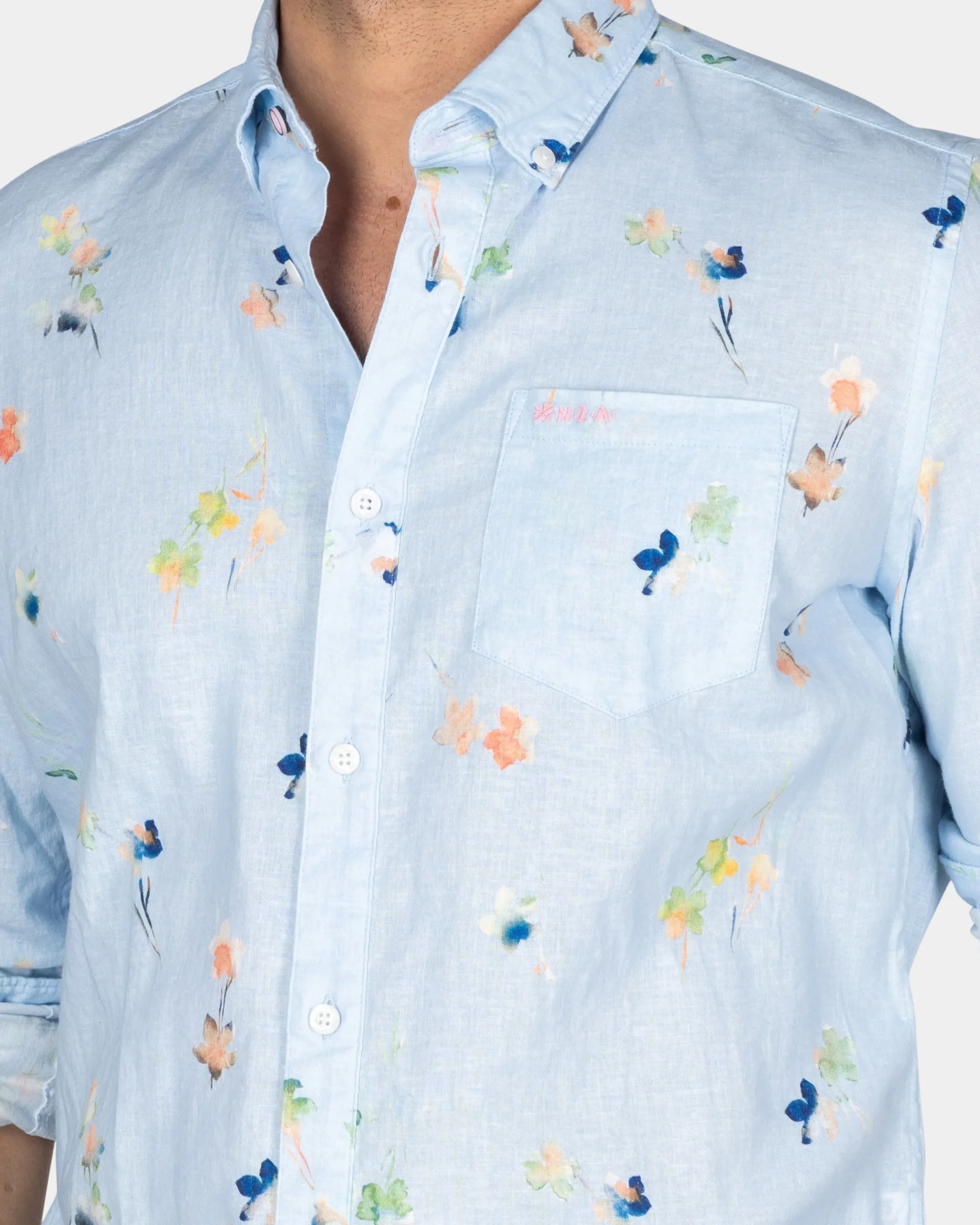 NZA New Zealand Auckland Pastelblauw overhemd met gekleurde bloemen