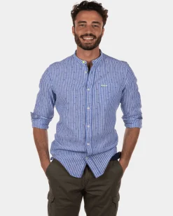 NZA New Zealand Auckland Rotonuiaha gestreept linnen overhemd zonder kraag -