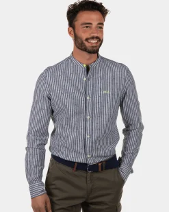 NZA New Zealand Auckland Rotonuiaha gestreept linnen overhemd zonder kraag -