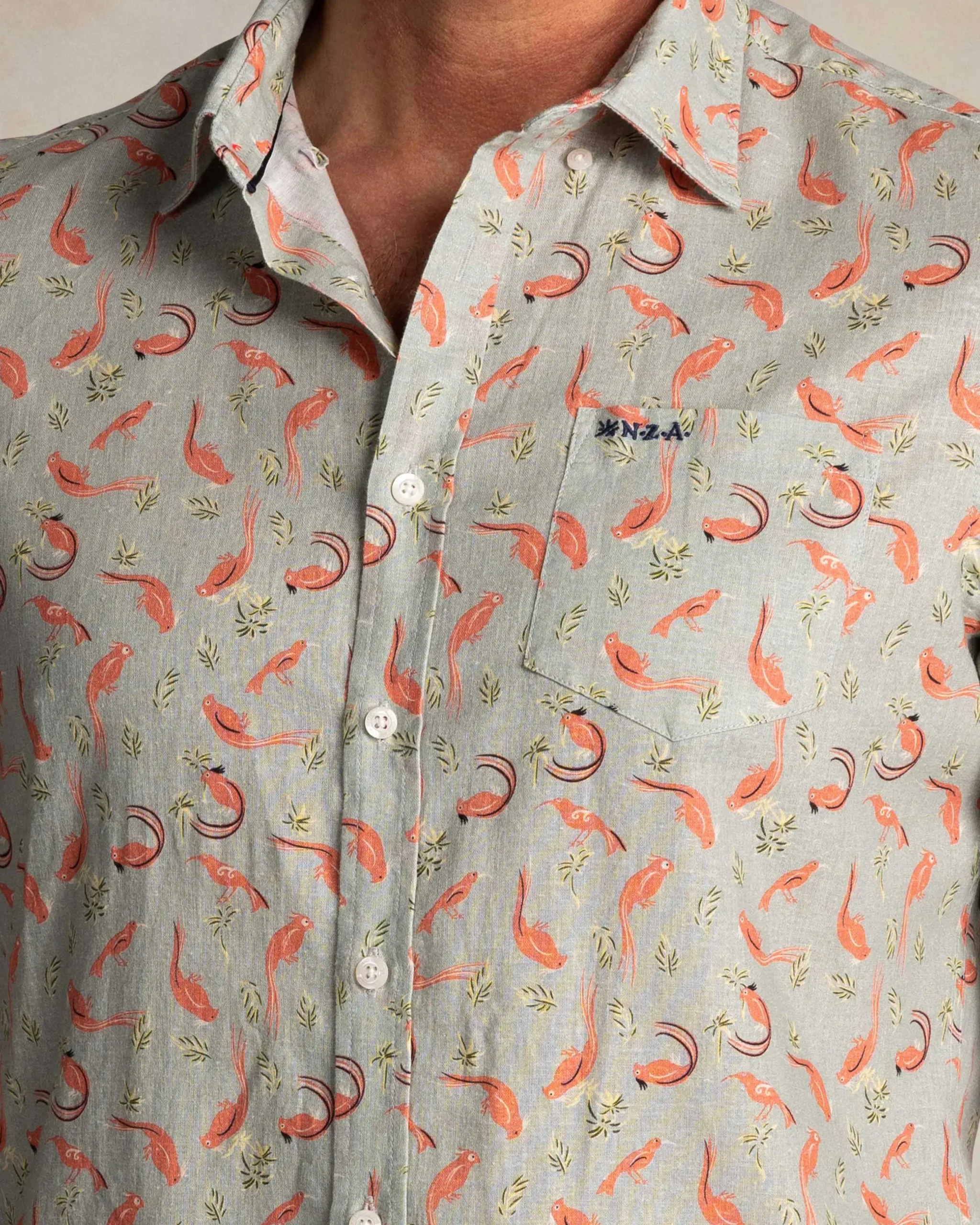 NZA New Zealand Auckland Taupe overhemd met oranje grafische print