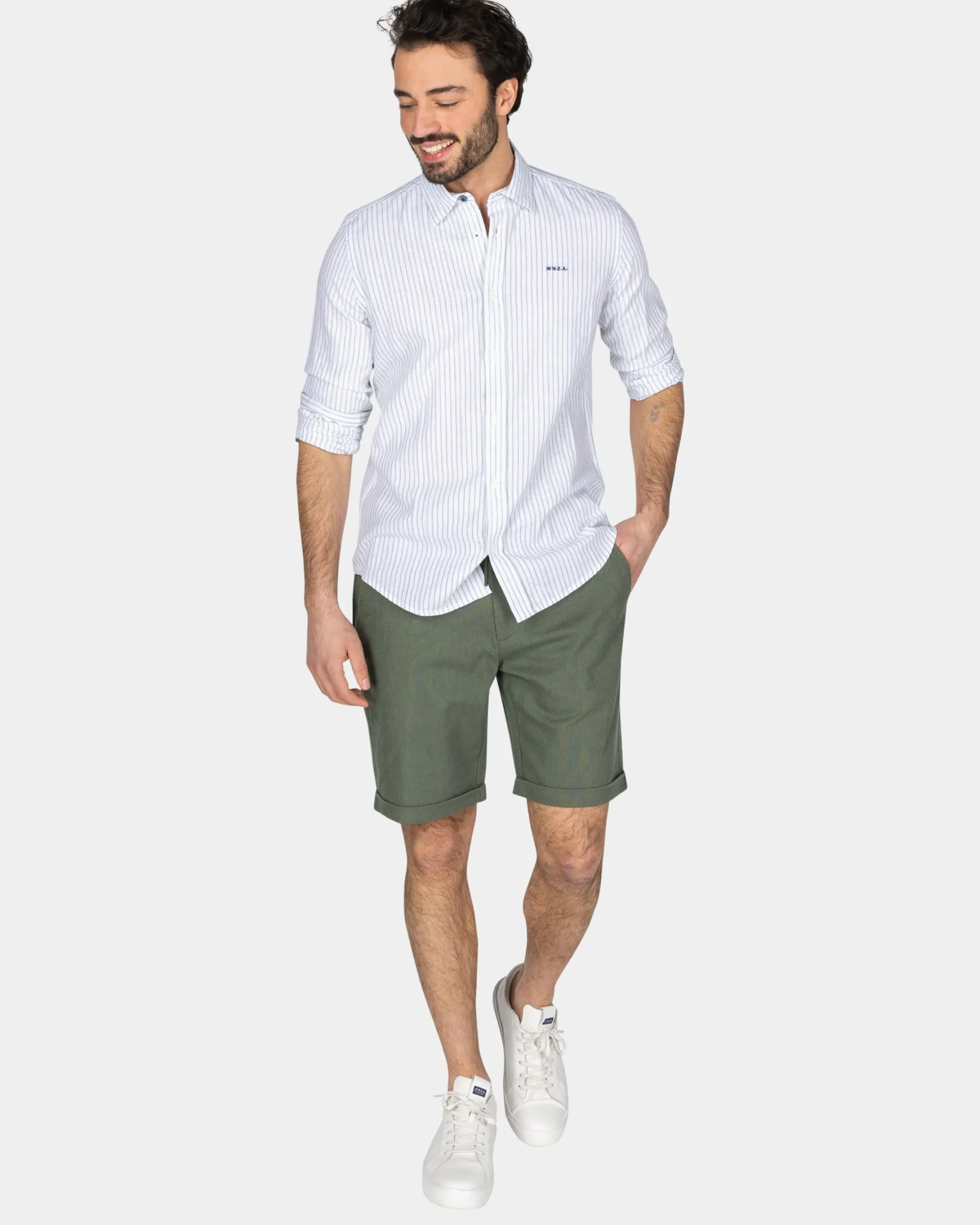 NZA New Zealand Auckland Wit linnen overhemd met lichtgroene streep