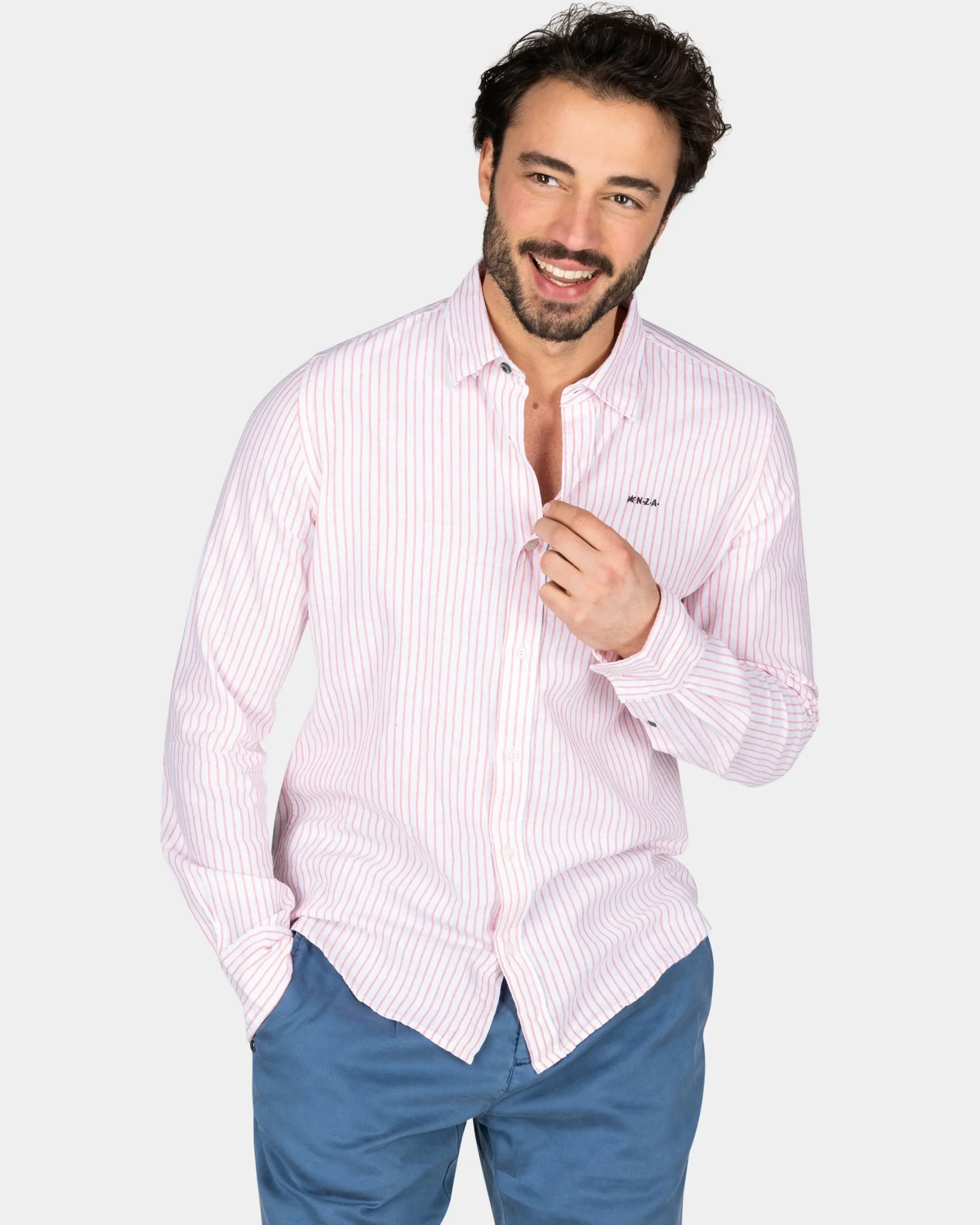 NZA New Zealand Auckland Wit linnen overhemd met licht oranje streep