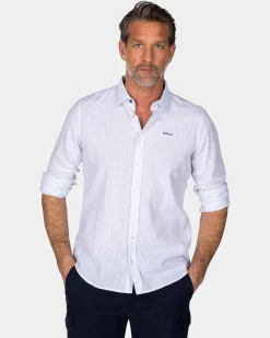 NZA New Zealand Auckland Wit linnen overhemd met pastelblauwe streep