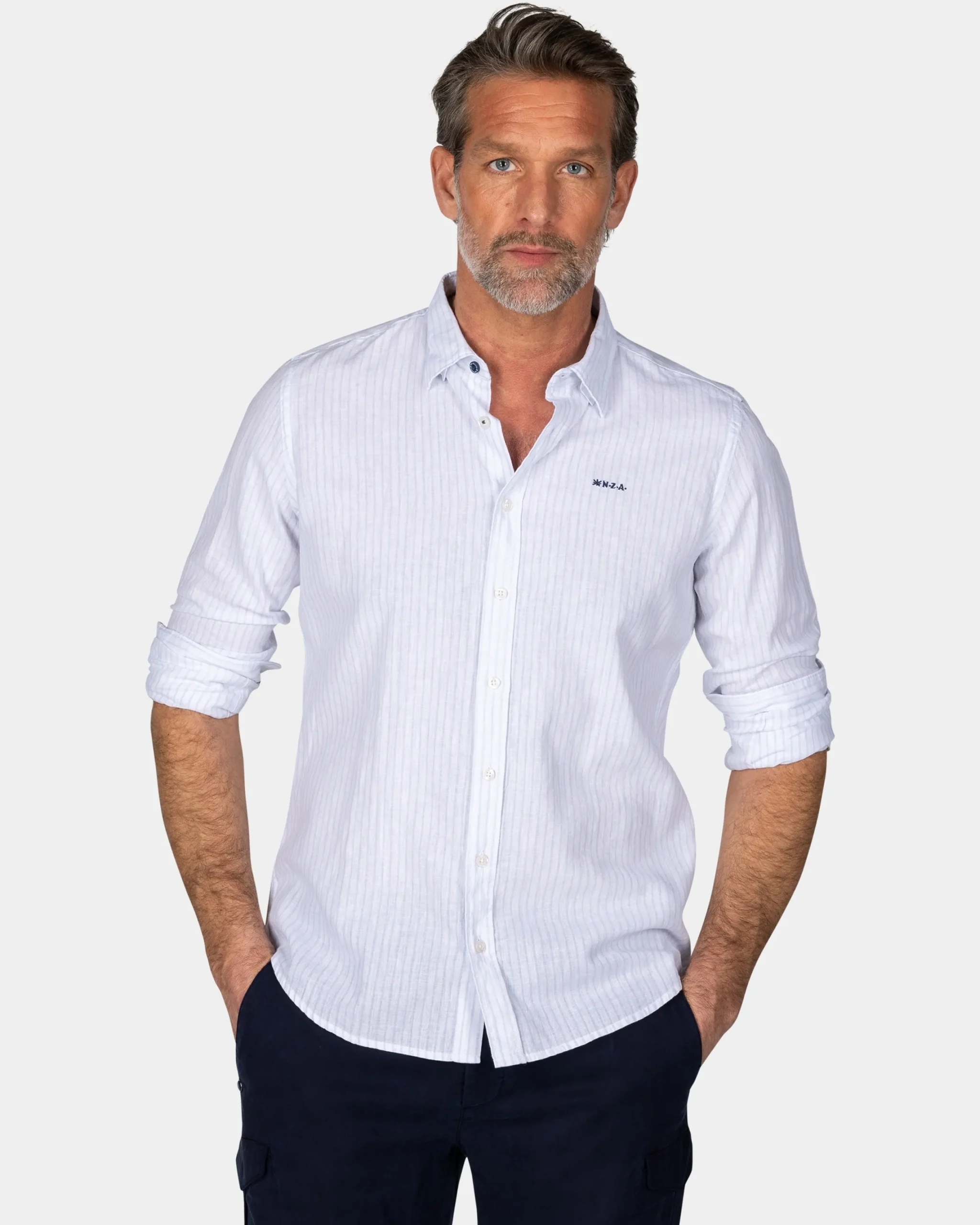 NZA New Zealand Auckland Wit linnen overhemd met pastelblauwe streep