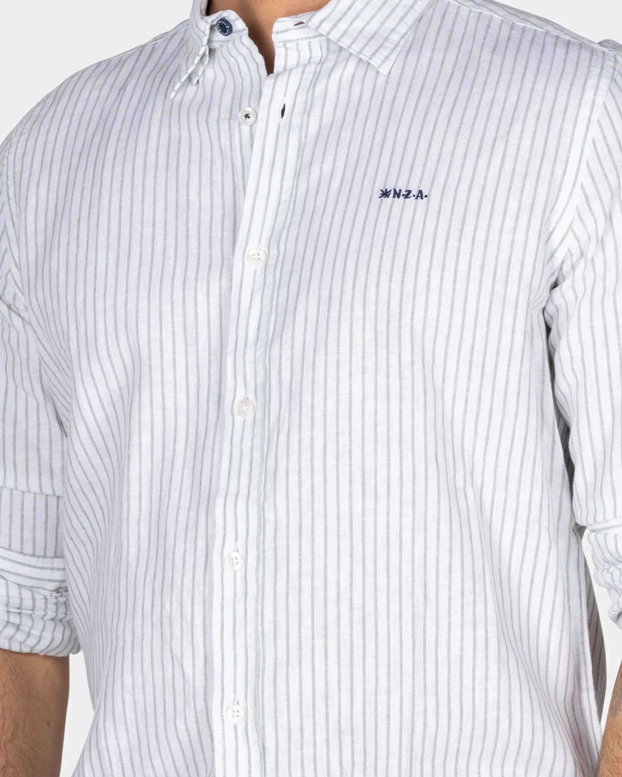 NZA New Zealand Auckland Wit linnen overhemd met pastelblauwe streep