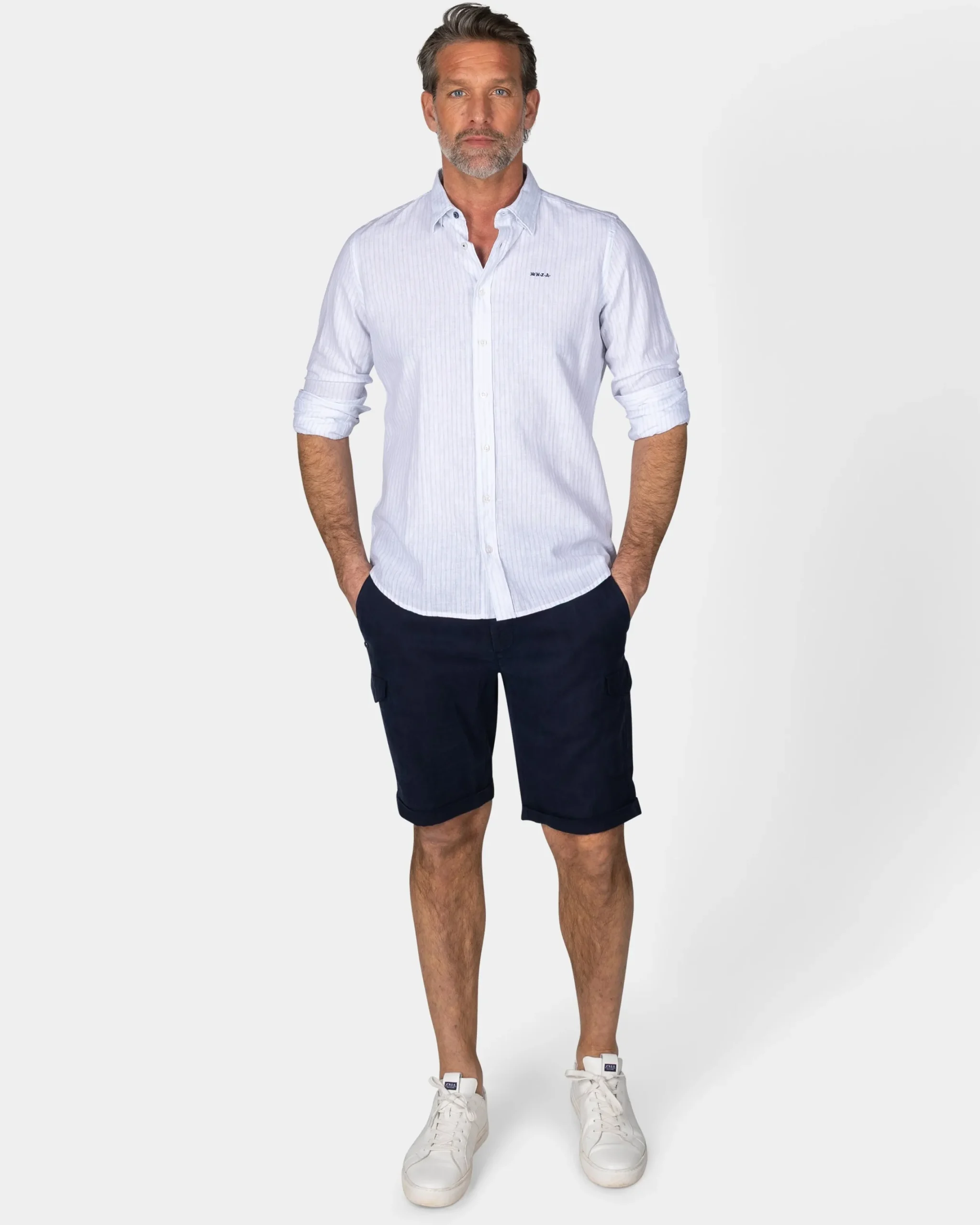 NZA New Zealand Auckland Wit linnen overhemd met pastelblauwe streep